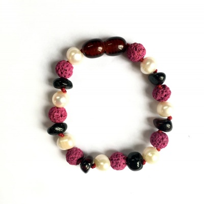Dark Cherry Amber, Sea Pearl and Pink Lava Anklet / Bracelet